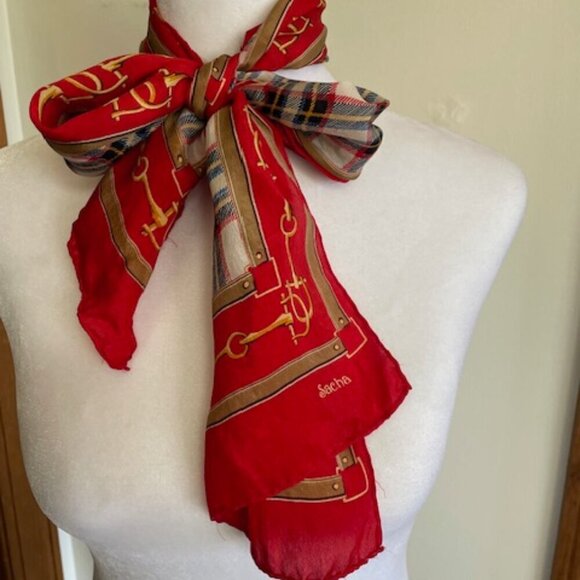 SACHA Vintage Equestrian Stirrup Tartan Plaid Skinny Oblong Scarf - Picture 10 of 13